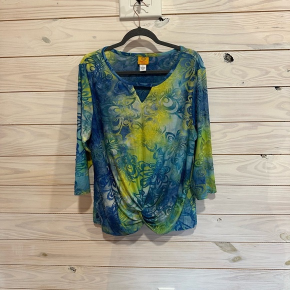 Ruby Rd. Blue and Green Asymmetrical Ruched Blouse - Picture 1 of 5